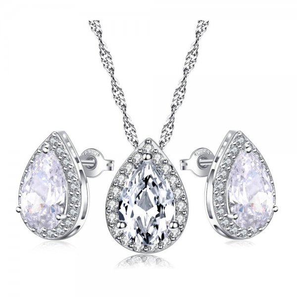 Platinum-Plated Drop Zircon Necklace And Earring Set